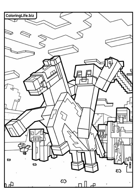 Раскраска Майнкрафт: Стив на лошади с мечом