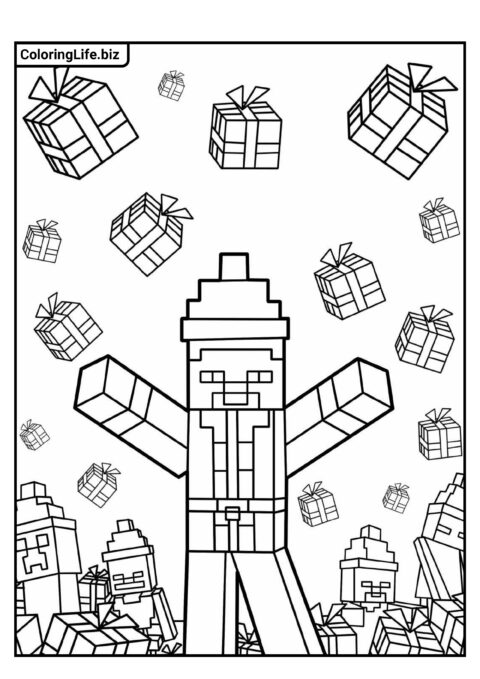 Новогодняя раскраска: Стив в шапке Санты из Майнкрафт