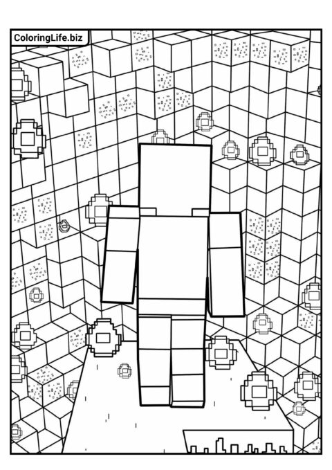 Раскраска Майнкрафт: Стив в пещере с алмазами