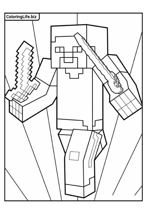 Раскраска Майнкрафт: Стив с мечами