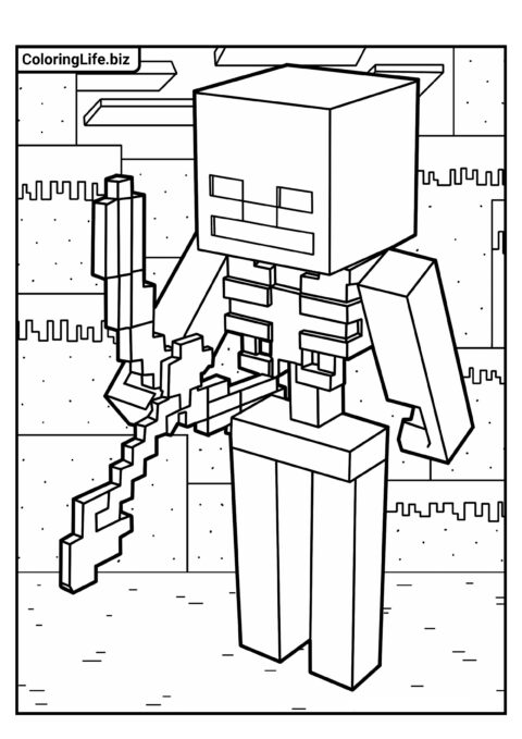 Раскраска Майнкрафт: Скелет с луком и стрелами
