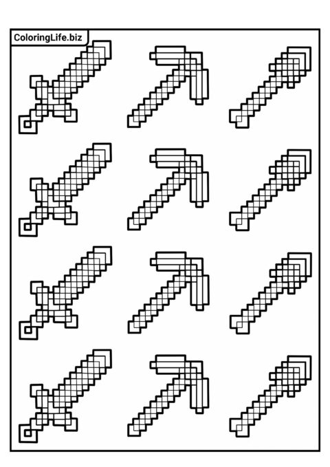 Раскраска Майнкрафт: Кирка, меч и лопата