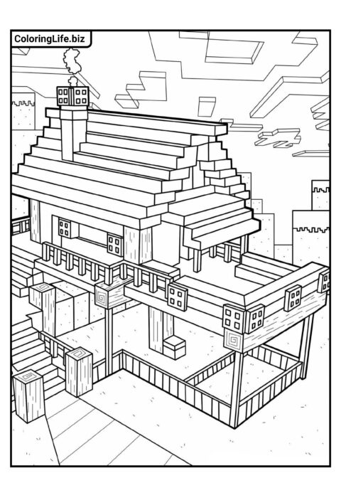 Раскраска для детей: Дом из бревен в Майнкрафт