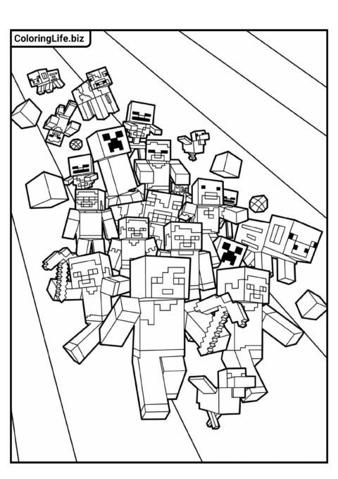 Раскраска Майнкрафт: Мобы со Стивом, Крипером, Алексом, свинкой и другими