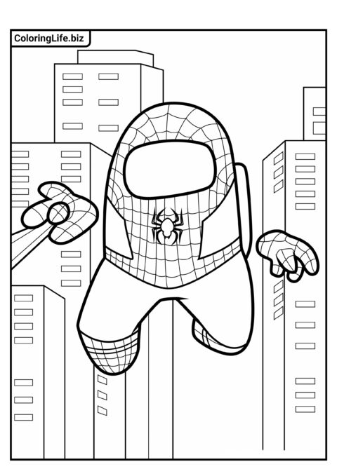 Раскраска: Амонг Ас Человек-Паук использует паутину